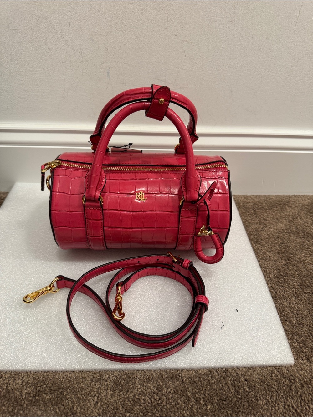 Lauren Ralph Lauren Hot Pink Croc-Embossed Mini Barrel Satchel bag with Strap